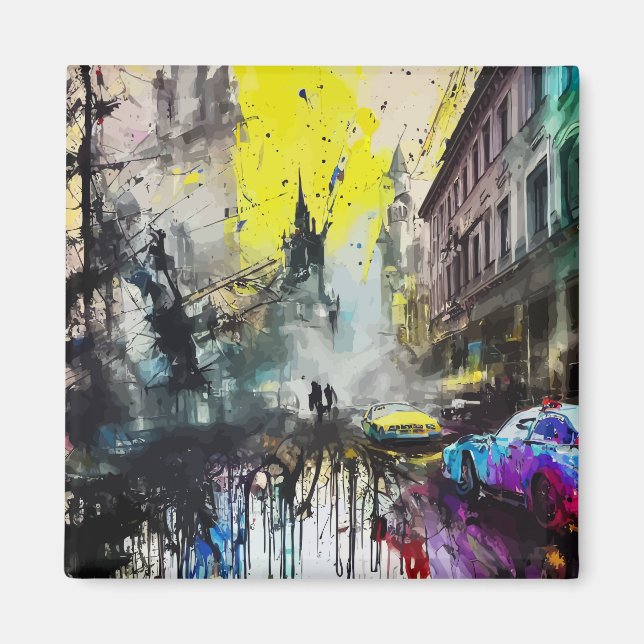 München German Urban Grunge Busy Street Scene Magnet (Framsidan)