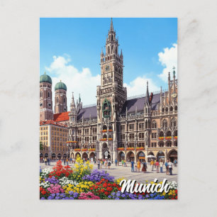 München Marienplatz Tysklanda blommor Vykort