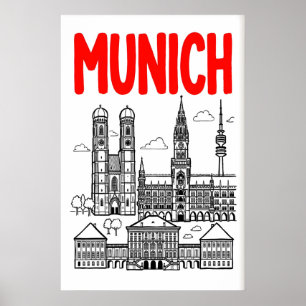 München Skyline Affisch, Röd Titel, Svart Kontur Poster