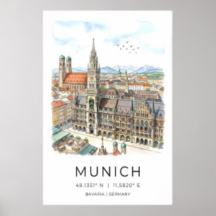 München Skyline Väggkonst - Handillustrerad