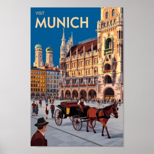 München Tyskland Marienplatz Resa Konst Vintage Poster