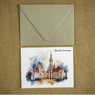 München Tyskland Panorama View Watercolor Painting Vykort