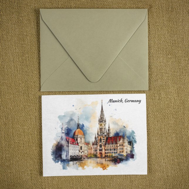 München Tyskland Panorama View Watercolor Painting Vykort (Munich Germany Panorama View Watercolor Painting Postcard)