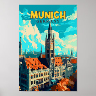 München Tyskland Travel Art Vintage Illustration Poster