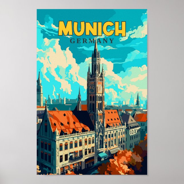 München Tyskland Travel Art Vintage Illustration Poster (Framsidan)