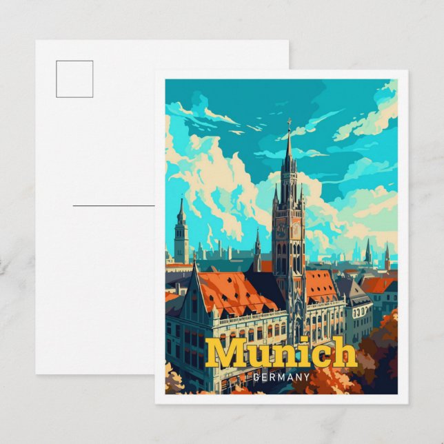 München Tyskland Travel Art Vintage Illustration Vykort (Fram/baksida)