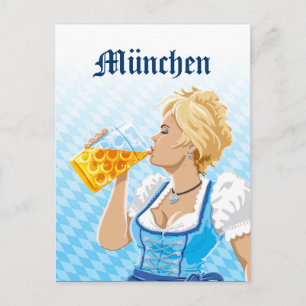 München Woman Dirndl Drinking Beer Vykort
