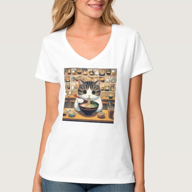 Munchkin Cat Eating Ramen T Shirt (Framsida)