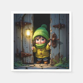 Munchkin iförd stickad mössa och tröja pappersservett