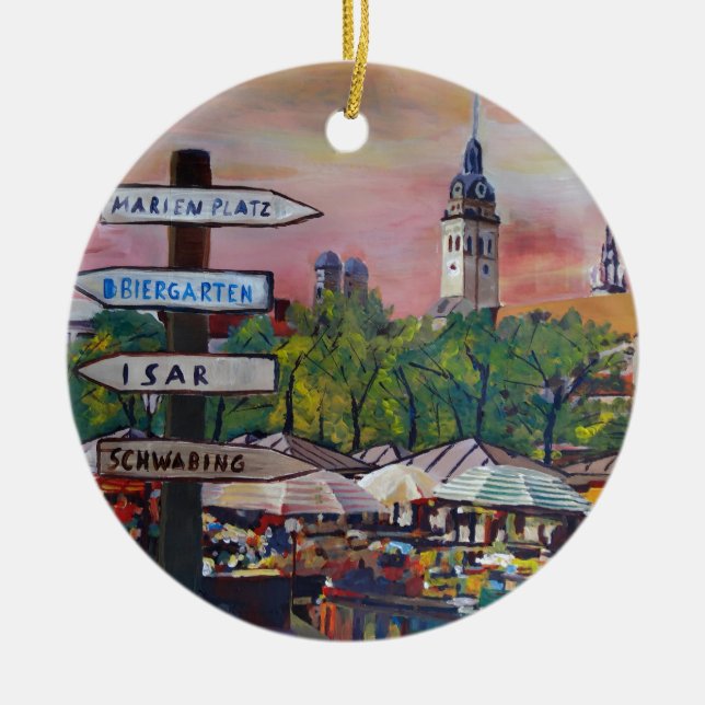 Munich Bayern Viktualienmarkt med Signposts Julgransprydnad Keramik (Framsidan)