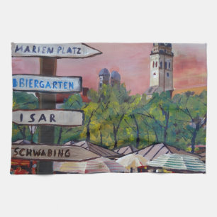 Munich Bayern Viktualienmarkt med Signposts Kökshandduk