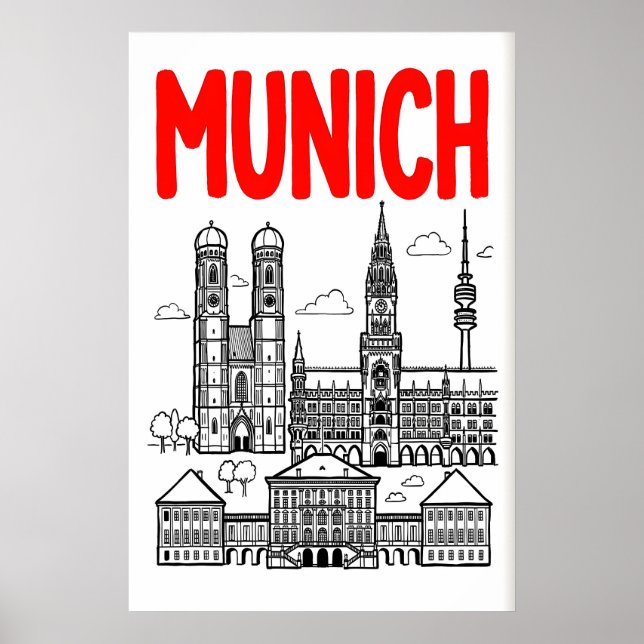 Munich Skyline Poster, Red Title, Black Outline Poster (Framsidan)