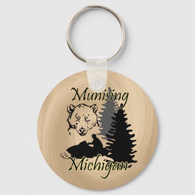 Munising Michigan Snowmobile Bear Wood look Nyckelring (Framsida)