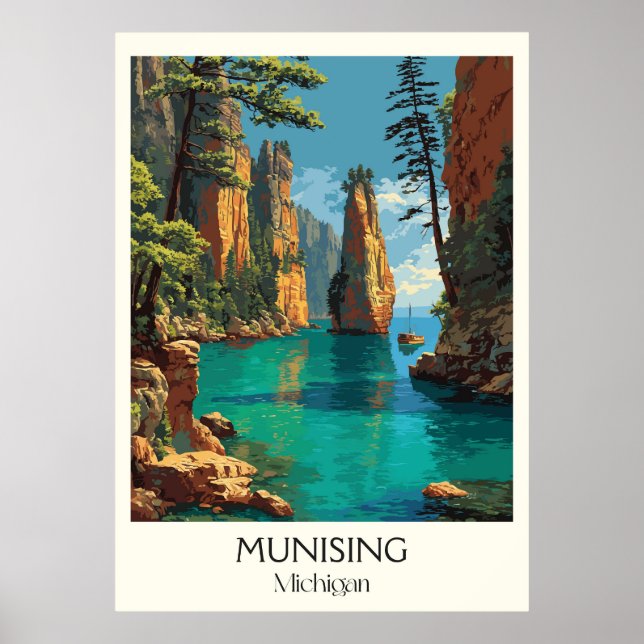 Munising Michigan Vintage Pictured Sten Art Poster (Framsidan)