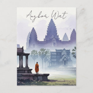 Munk vid Angkor Wat Kambodja Watercolor Vykort