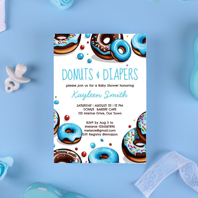 Munkar och blöjor blå brun baby shower inbjudningar (Donuts and diapers blue chocolate brown sprinkles whimsical donuts baby shower invitation template )