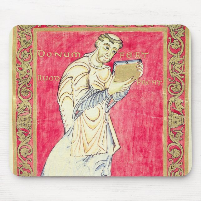 Munken Ruodprehet som framlägger hans bok Musmatta (Framsidan)