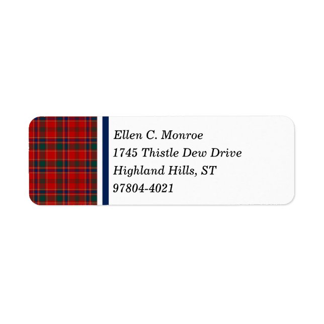 Munro Klan Red and Royal Blue Scottish Tartan Returadress Etikett (Framsidan)