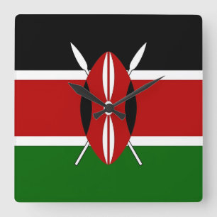 Mur Clock med Kenyas Flagga Fyrkantig Klocka