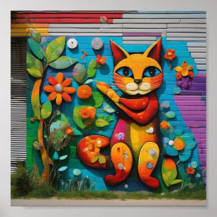 Mural av en katt och blommor poster