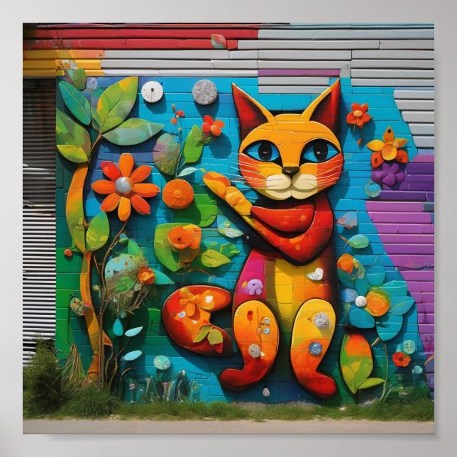 Mural av en katt och blommor poster (Framsidan)