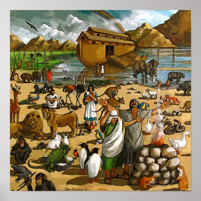 Mural av Noah och Ark: Djur, regnbåge, konst Poster (Framsidan)