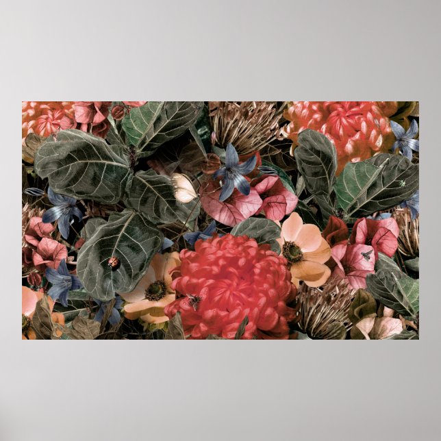 Mural på väggen. Blommor och växter med inlopp Poster (Framsidan)