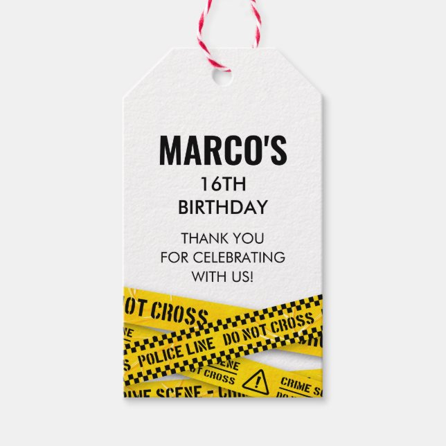 Murder Myasty Party med Gult Crime Scene Tapes Presentetikett (Framsidan)
