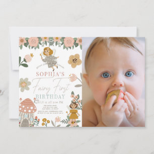 Muren Rosa Blommigt Fairy First Birthday Photo Inbjudningar