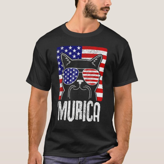 Murica 4th Of July USA Flag Distressed  Cat T Shirt (Framsida)