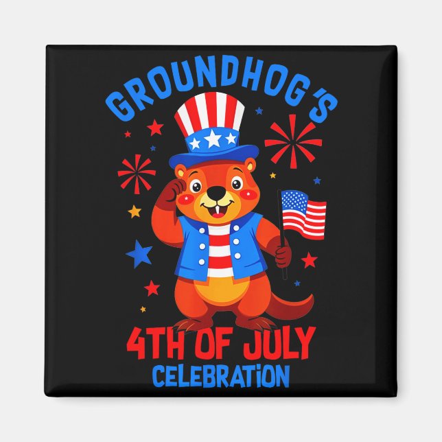 Murmeldjur 4:e Juli Firande Patriotisk Ameri Magnet (Framsidan)