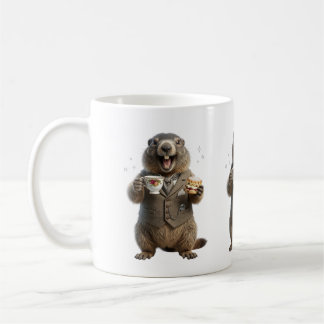 Murmeldjur dricker te kaffemugg