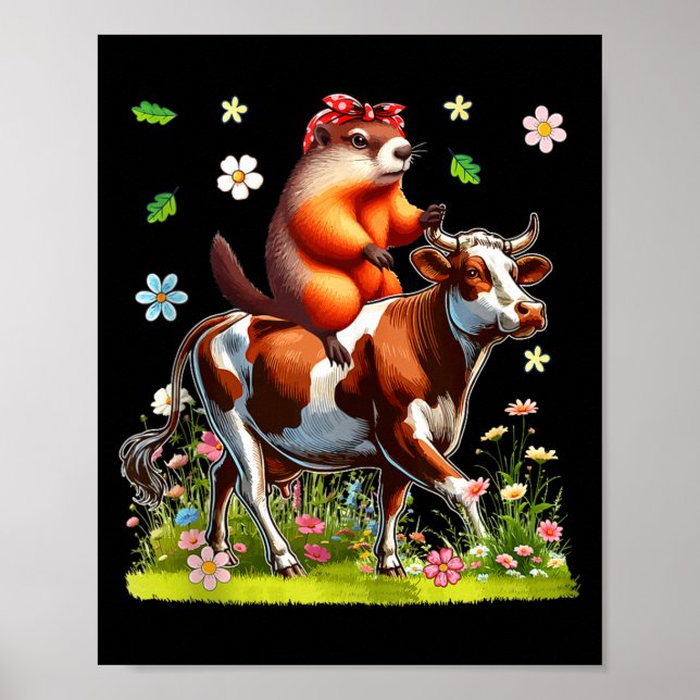 Murmeldjur Fluga Ridande Ko Bonde Älskare Barn Klä Poster (Framsidan)