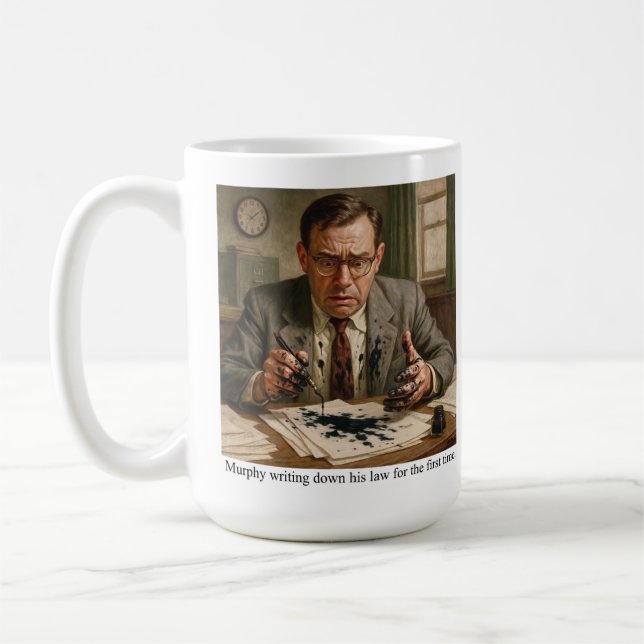 Murphy writing down his law for the first time. kaffemugg (Vänster)