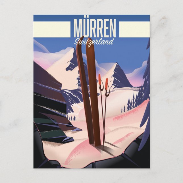 Murren Schweiz skidposter konsttryck. Meddelande Vykort (Framsida)