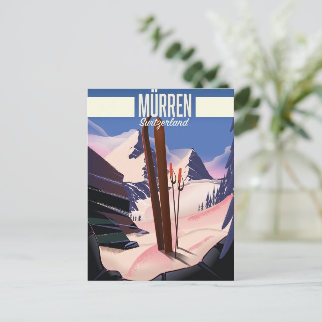Murren Swiss ski poster konsttryck. Vykort (Stående Fram)