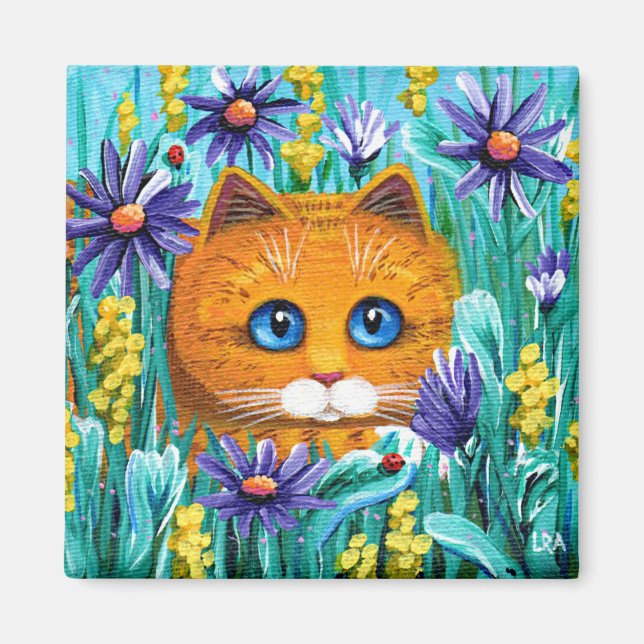 Mus Blommor i Orange-Tabby katt Magnet (Framsidan)