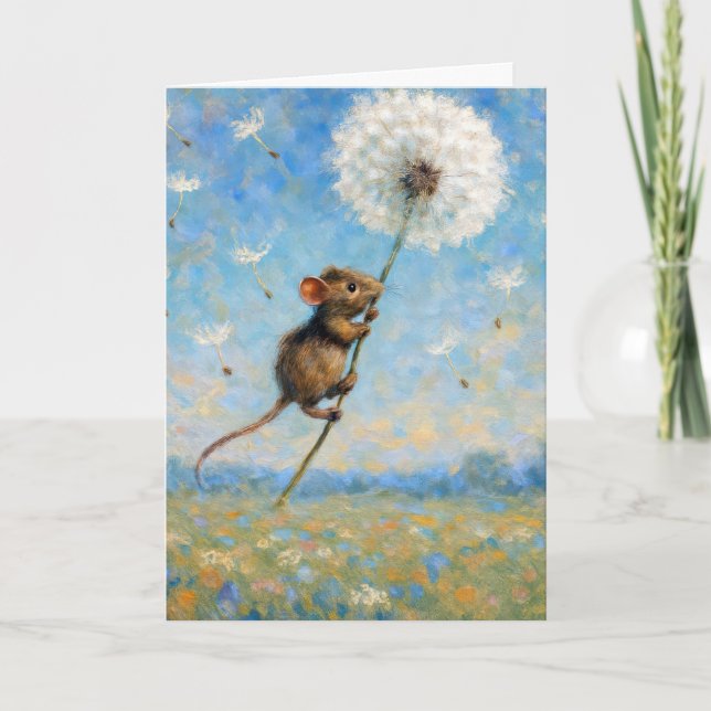 Mus Flytande på fluffy-dandelion Kort (Framsida)