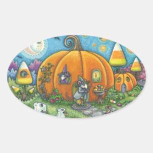 MUS HUS, TRICK ELLER BEHANDLAR HALLOWEEN STICKARE OVALT KLISTERMÄRKE
