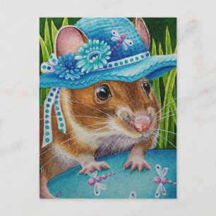 Mus i Bonnet hittade Blue Egg Watercolor Art Vykort