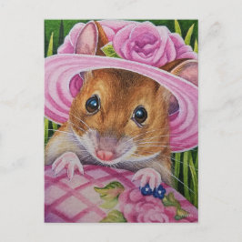 Mus i Bonnet hittade Rosa Egg Watercolor Art Vykort
