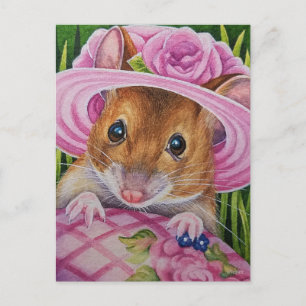 Mus i Bonnet hittade Rosa Egg Watercolor Art Vykort