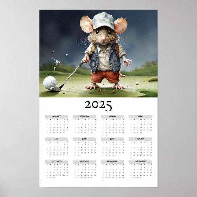 Mus i en baskåpa som spelar Golf Wall Calendar Poster (Framsidan)