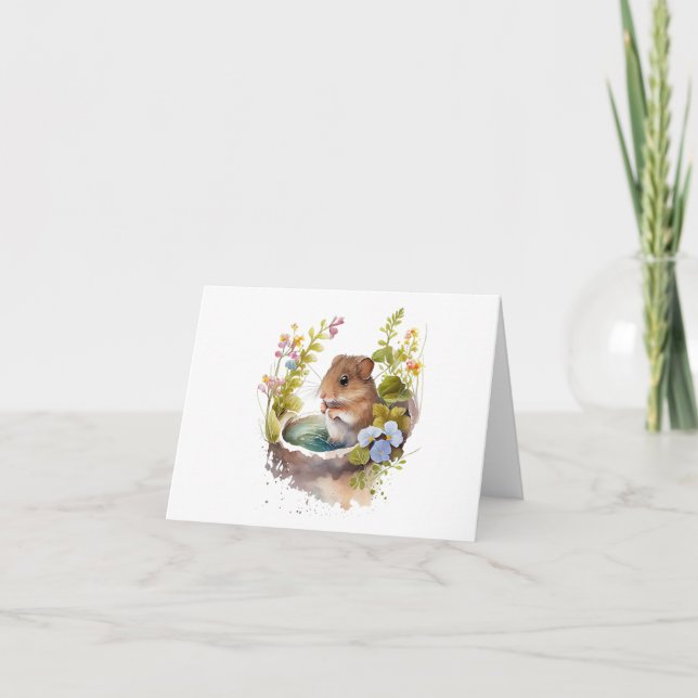 Mus i Puddle med Flowers BLANK Kort (Framsida)