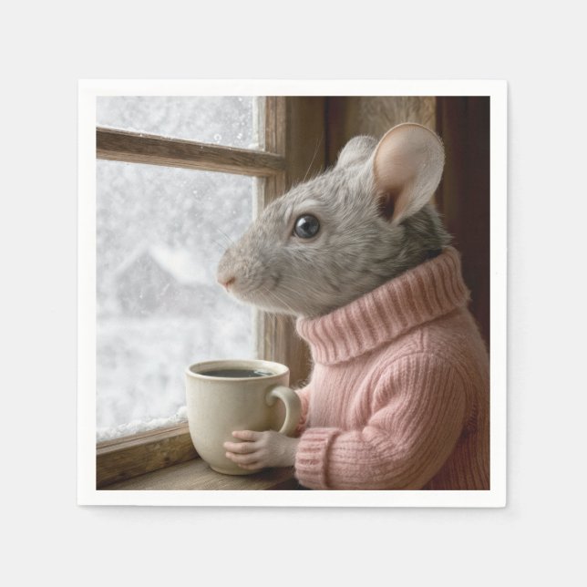 Mus med en kopp kaffe pappersservett (Framsidan)