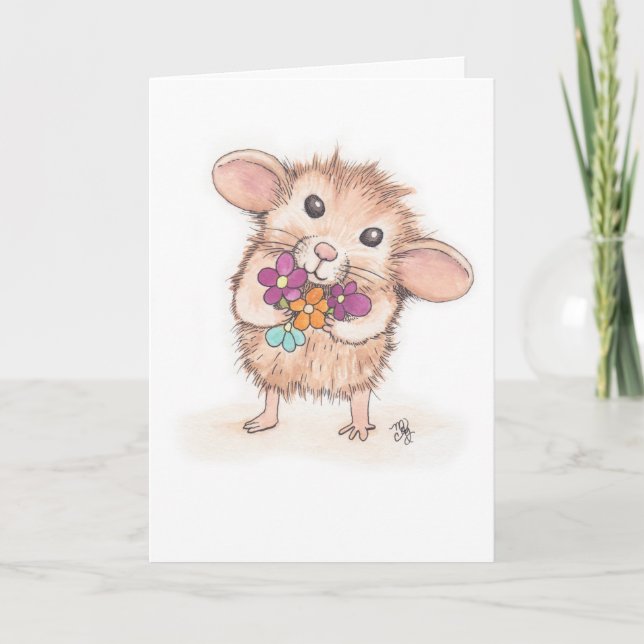 Mus med Flower Bouquet Grattis på födelsedagen Kort (Framsida)
