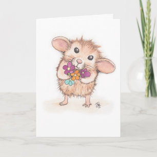 Mus med Flower Bouquet Grattis på födelsedagen Kort