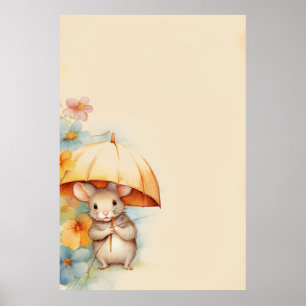Mus med gult paraplyblått orange rosa blomma poster