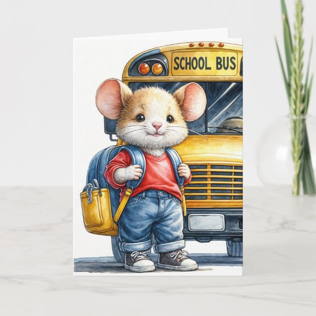 Mus med Gult School Buss Kort (Framsida)