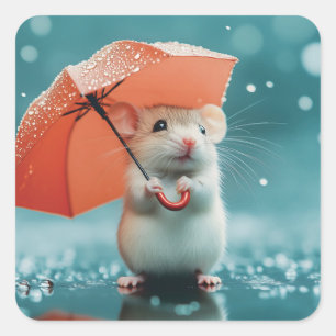 Mus med paraply i Spanien: Cute Rainy Day Scene Fyrkantigt Klistermärke